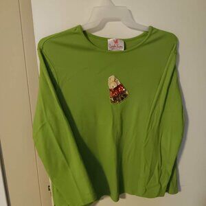 Quacker Factory woman's top Green with candy corn 2X